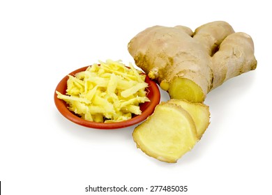 Brown Dish With Grated Ginger, Root Isolated On White Background