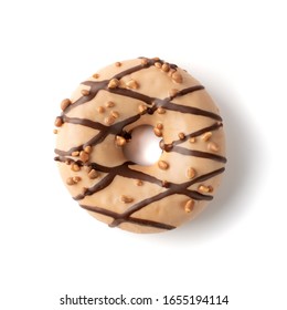 Brown Donut With Nuts Isolated On White Background Top View. Fried Dough Confection, Dessert Food, Sweet Snack With Chocolate Glazing And Nut Crumbs