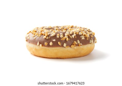 Brown Donut With Nuts Isolated On White Background Side View. Fried Dough Confection, Dessert Food, Sweet Snack With Chocolate Glazing And Nut Crumbs