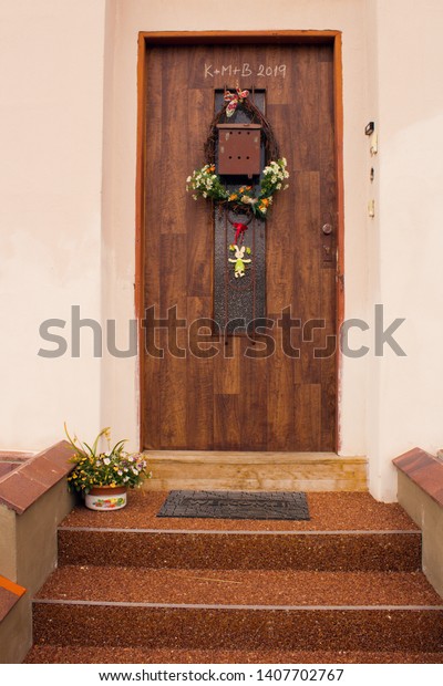 Brown Door Over Stairs Easter Decorationvillage Royalty Free