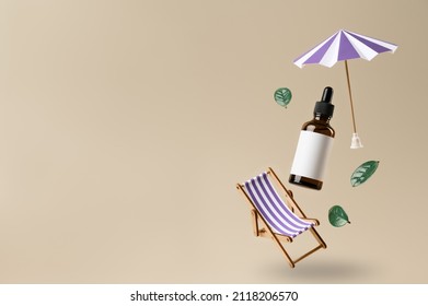 Brown Dropper Glass Bottle, Beach Chair, And Sunshade Flying In Antigravity On Pastel Beige Background. Levitation Object In The Air. Skincare Concept. Organic Natural Cosmetic Product. Mockup