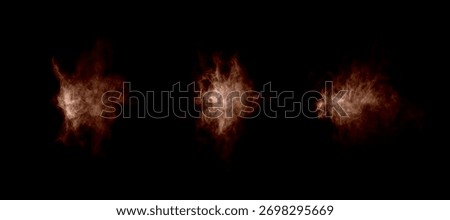 Brown dust explosion effect on black background, abstract powder cloud and particles spreading in the air, perfect for motion graphics, visual effects, cleaning, pollution, or dry sand texture concept