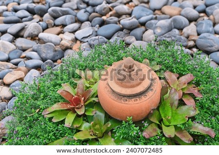Brown earthern jar with lid stnad in ornament plant on small river floor, top view