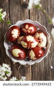 Brown Easter eggs dyed with onion skins in a bowl with cherry blossoms, top view