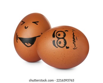 Brown eggs and drawn happy   sad faces white background