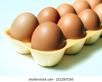 Brown Eggs In The Expanded Polystyrene Container Box Isolated On White  Background. Plastic Trash. Close-up, Selective Focus
