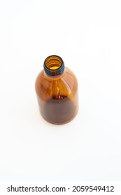 Brown Empty Glass Bottle. Pharmaceutical Syrup Bottle, Close Up Studio Shot, Isolated On White, No People.