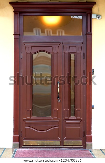 Brown Entrance Double Door Glass Inserts Stock Photo Edit Now