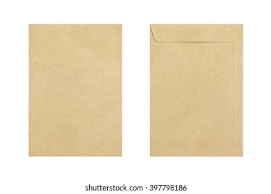 Brown Envelope Front And Back Isolate On White Background, Clipping Path