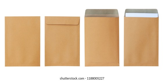 Brown envelope front and back isolated on white background. Letter top view. Object with clipping path - Shutterstock ID 1188005227