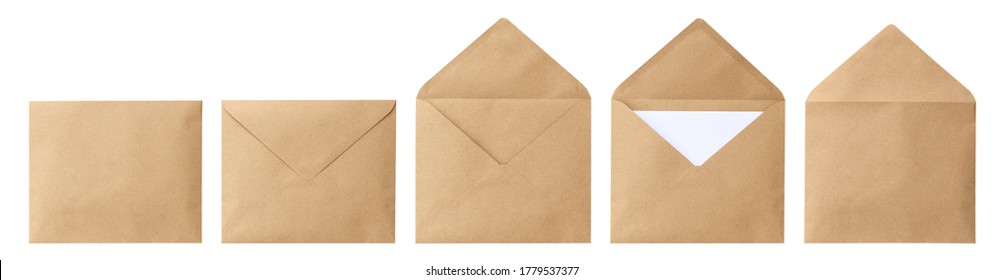 Brown envelope front and back isolated on white background. Letter top view. Object with clipping path - Shutterstock ID 1779537377