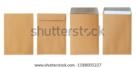 Brown envelope front and back isolated on white background. Letter top view. Object with clipping path