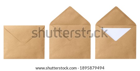 Brown envelope front with card inside isolated on white background. Letter top view. Object with clipping path