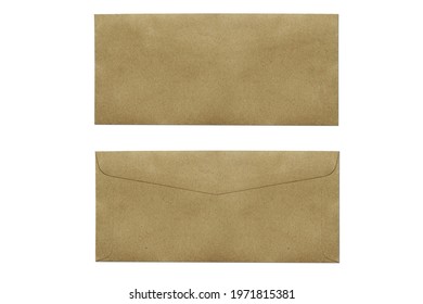 Brown Envelope Isolated On White Background With Clipping Path. Top View Of Front And Back Envelopes.