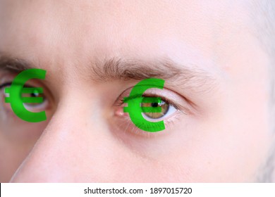 Brown Eyes With A Euro Sign In A Young Man Close-up, The Concept Of Restoring Human Vision, Health Of The Optic Nerve, Nervous Tic, Greed And Business