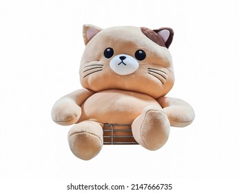 brown fat cat plush toy isolated on white background. Cat plush stuffed puppet on white backdrop.
