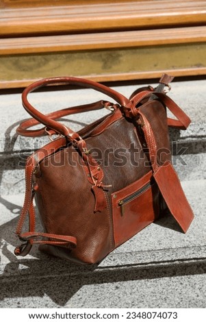brown female leather bag. street photo