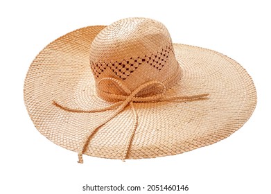 Brown Floppy Lady Straw Hat With Raffia Straw Ribbon Isolated On White Background