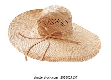 Brown Floppy Lady Straw Hat With Raffia Straw Ribbon Isolated On White Background