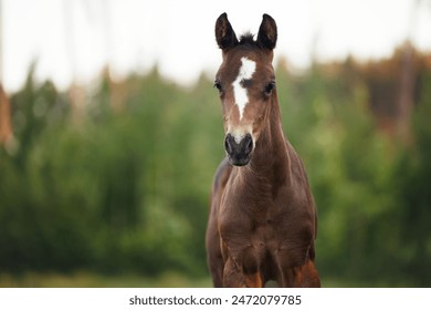 brown foal with white mark posing outdoors in summer, close up portrait - Powered by Shutterstock