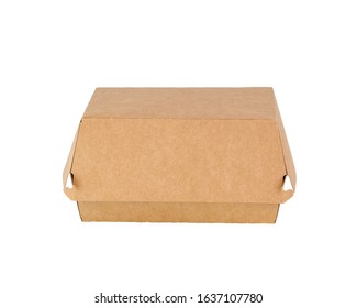 A Brown Food Box, Packaging For Hamburger, Lunch, Fast Food, Burger And Sandwich, Isolated On White Background With Clipping Path