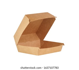 A Brown Food Box, Packaging For Hamburger, Lunch, Fast Food, Burger And Sandwich, Isolated On White Background With Clipping Path