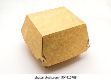 A Brown Food Box, Packaging For Hamburger, Lunch, Fast Food, Burger And Sandwich, Isolated On White Background With Clipping Path.