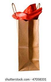 A Brown Gift Bag With Red Tissue Paper.