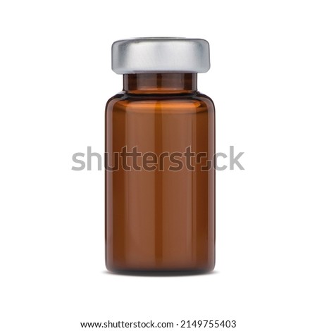 Brown glass bottle with metal stopper. Packaging for injectable medicines, such as vaccinations and antibiotics.