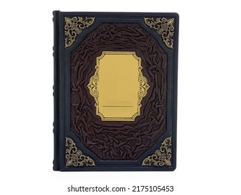 Brown Gold Leather Mockup Book With Cover Color Isolated On White Background, Front View. With Empty Lable And Metal Fittings.