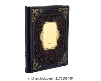 Brown Gold Leather Mockup Book With Cover Color Isolated On White Background, Front View. With Empty Lable And Metal Fittings.