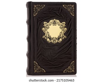 Brown Gold Leather Mockup Book With Cover Color Isolated On White Background, Front View. With Empty Lable And Metal Fittings.