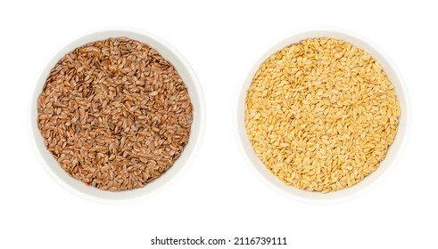 Brown And Golden Flax Seeds, In White Bowls. Whole Common Flax Or Linseed, Linum Usitatissimum, Rich In Omega-3 Fatty Acids, Used As A Nutritional Supplement, Or For Linseed Oil. Isolated, Food Photo.