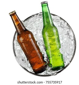 Brown And Green Beer Bottles In A Bucket With Ice, Top View