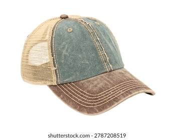 Brown and Green Patchwork Cap with Rustic Fashion Design Isolated on White Background
