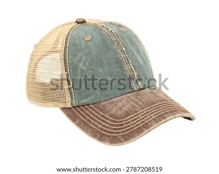 Brown and Green Patchwork Cap with Rustic Fashion Design Isolated on White Background