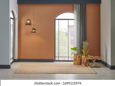 Brown and grey wall living room, decorative wooden furniture and botanic style. Lamp, carpet and curtain object.