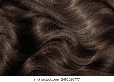 Brown hair close-up as a background. Women's long brown hair. Beautifully styled wavy shiny curls. Hair coloring. Hairdressing procedures, extension.