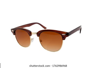 Brown horn rimmed flat top clubmaster sunglasses and round bottom golden frames   clear gradient brown lenses isolated white background  Side View 