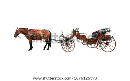 Brown horse and old classic open carriage coach Isolated on white background