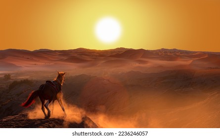 Brown horse at Sand dunes in the Sahara Desert, Merzouga, Morocco - Orange dunes in the desert of Morocco - Sahara desert, Morocco - Powered by Shutterstock