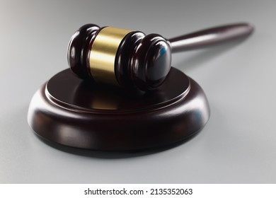 Brown Judge Wooden Hammer On Soundboard, Attorney Instrument For Legal Service