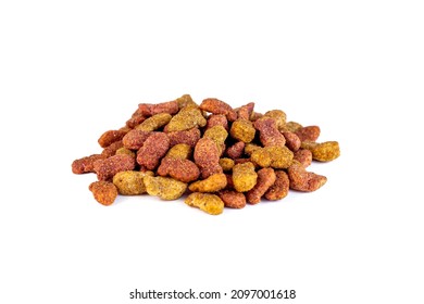 Brown Kibble Pieces For Cat Feed Heap Isolated On White Background. Healthy Dry Pet Food