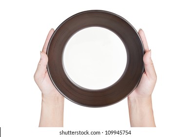 Brown Kitchen Plate A Hand Holding From Top View On Background White