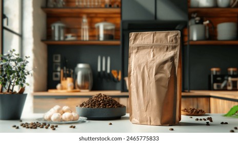 A brown kraft paper coffee bag with an unzipped zipper stands on the kitchen counter, surrounded by scattered beans and some other food items. The background features a modern interior design of a coz - Powered by Shutterstock