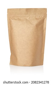 Brown kraft paper pouch bag isolated on white background. Mock-up template for design.