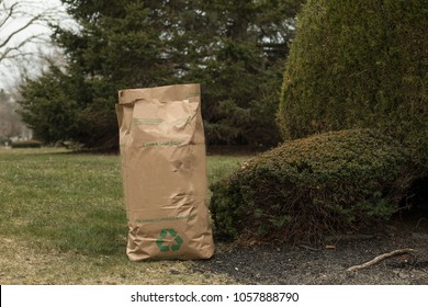 A Brown Lawn Bag Is Full, Next To A Trimmed Hedge And Manicured Bush. The Yard Work Is Done In The Perfect Lawn, Landscaped And Clean. The Paper Yard Bag Is Full Of Leaves And Waste. Yard Work.