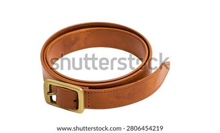 Brown leather belt with a rectangular brass buckle coiled in a circle