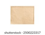 Brown leather belt strap closeup isolated on white. Brown stitched leather seam frame label tag isolated on white. Sewing background. Fabric patch isolated. Perforated leather frame. Brown thread sew.