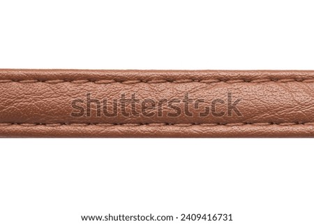 Brown leather belt strap. Closeup isolated on white. Cutout object fashion. Thread seam line. Waist belt casual clothing. Sew pattern.